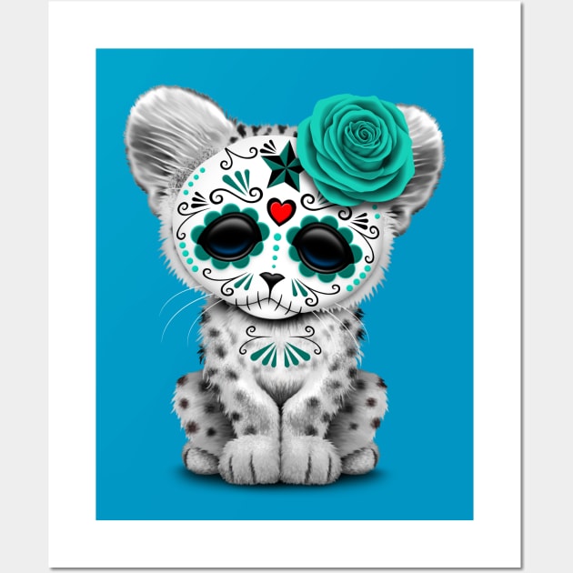 Blue Day of the Dead Sugar Skull Snow Leopard Cub Wall Art by jeffbartels